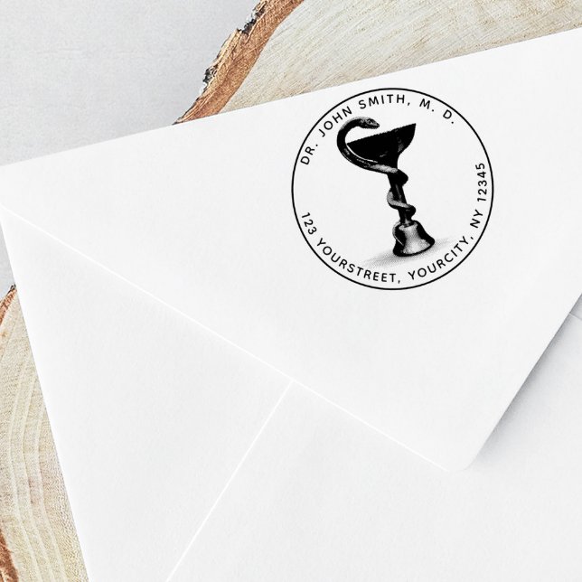 Medical Snake Bowl Hygieia Round Return Address Rubber Stamp (Creator Uploaded)