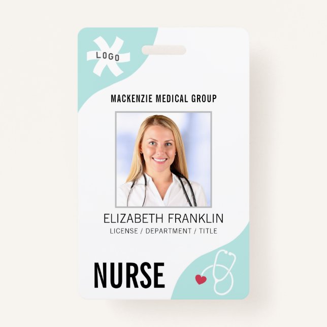 Medical Stethoscope Editable Mint Green NURSE Badge (Front)