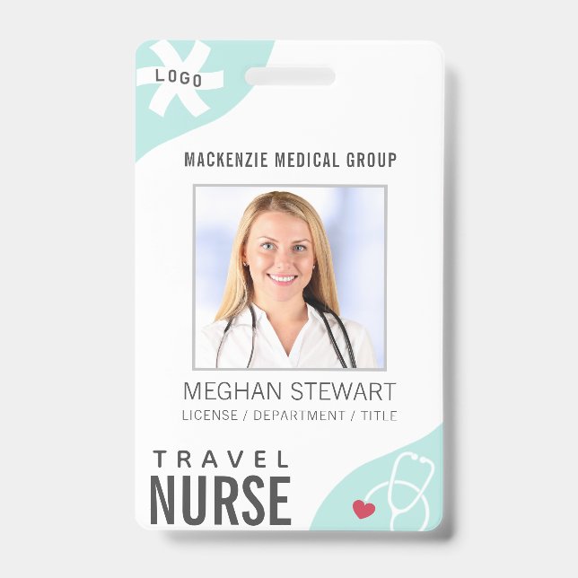 Medical Stethoscope Editable Mint TRAVEL NURSE Badge (Front)