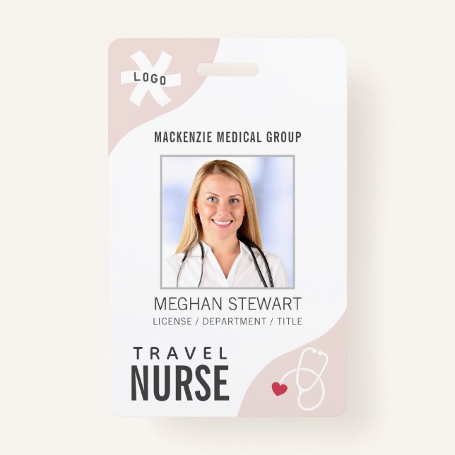 Medical Stethoscope Editable Pink TRAVEL NURSE Badge (Front)