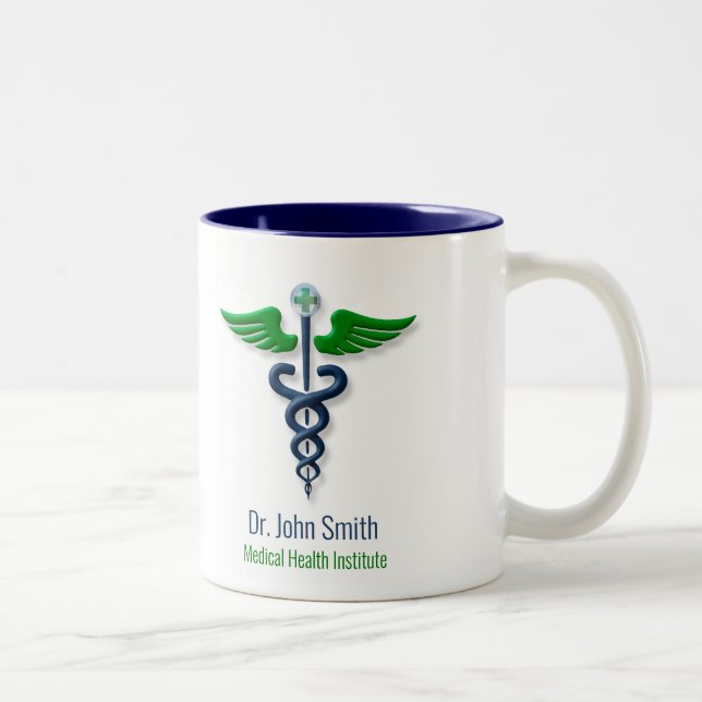 Medical Stylish Caduceus Green Wings Cross Blue Two-Tone Coffee Mug (Right)