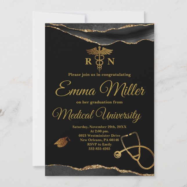 Medical University Black and Gold Graduation Invitation (Front)