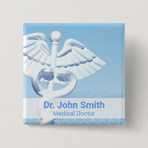Medical White 3D Caduceus Blue Design 2 Inch Square Button