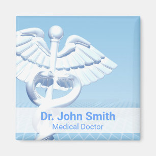 Medical White 3D Caduceus Blue Design Magnet