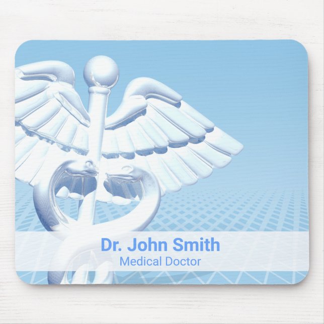 Medical White 3D Caduceus Blue Design Mouse Pad (Front)