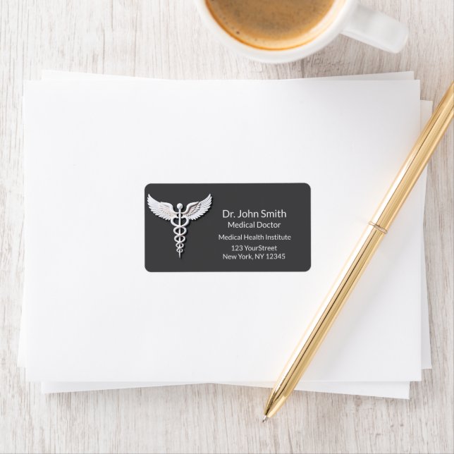 Medical White Clean Detailed Caduceus Warm Grey Label (Insitu)