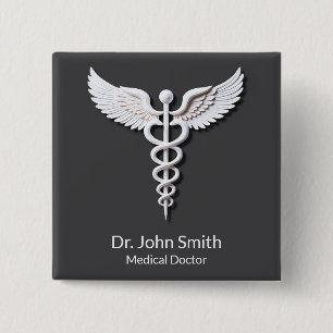 Medical White Detailed Clean Caduceus Anthracite 2 Inch Square Button