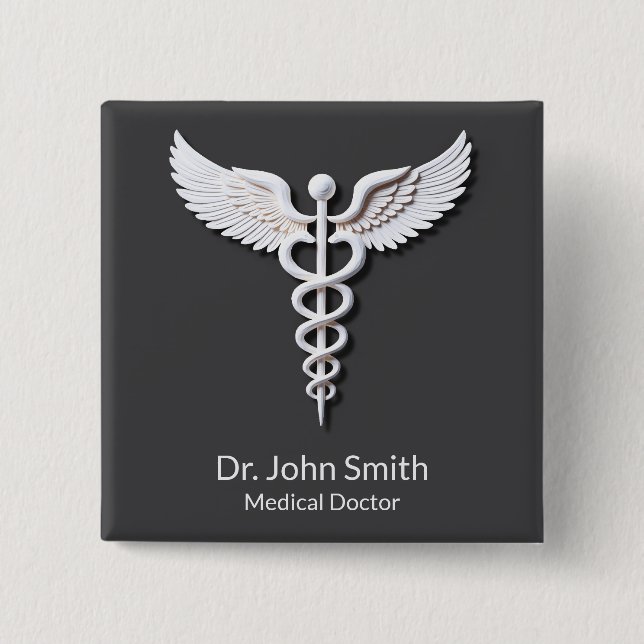 Medical White Detailed Clean Caduceus Anthracite 2 Inch Square Button (Front)