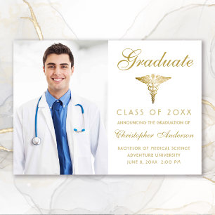 Medical White Gold Caduceus Photo Graduation Announcement