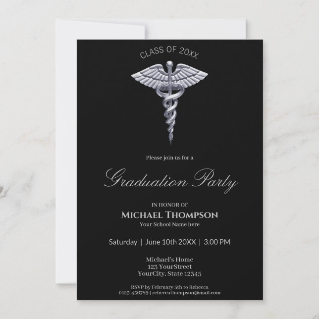 Médicale Silver Caduceus Black Graduate Invitation (Devant)