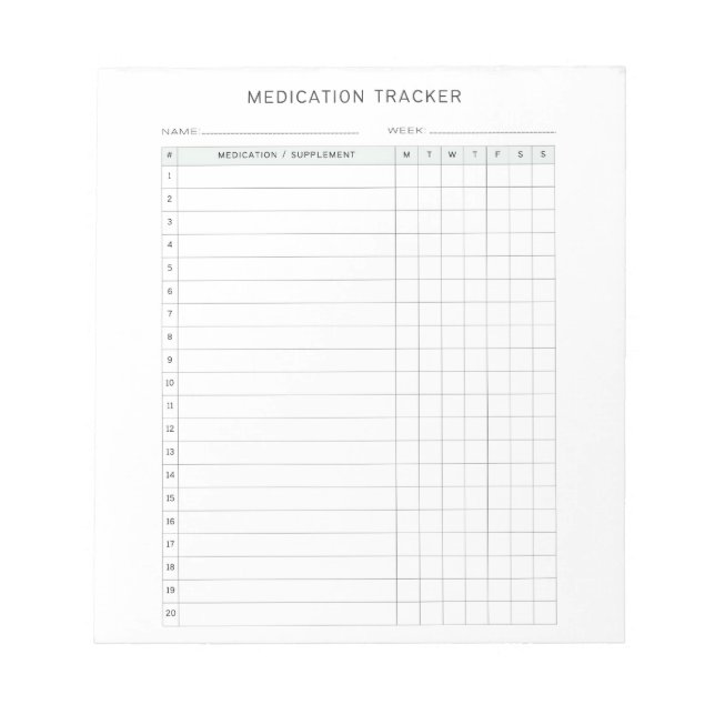 Medication Weekly Tracker Log Prescription  Notepad (Front)