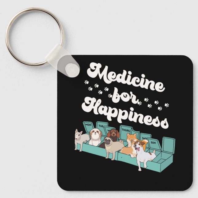 Medicine For Happiness Pill Box Animals Dog Breeds Keychain (Front)