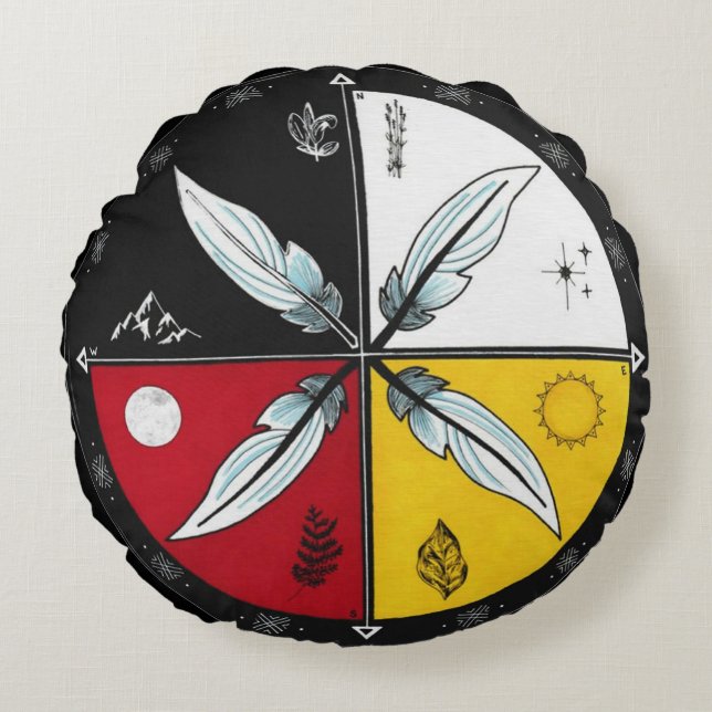 Medicine Wheel Mandala Round Indigenous Round Pillow (Front)