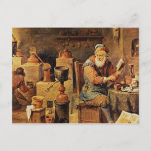 Medieval alchemist at work postcard