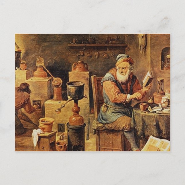 Medieval alchemist at work postcard (Front)
