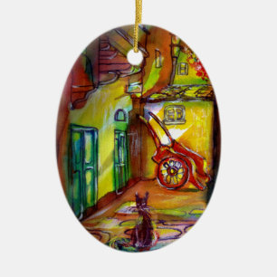 MEDIEVAL ALLEY BY NIGHT IN FLORENCE WITH BLACK CAT CERAMIC ORNAMENT