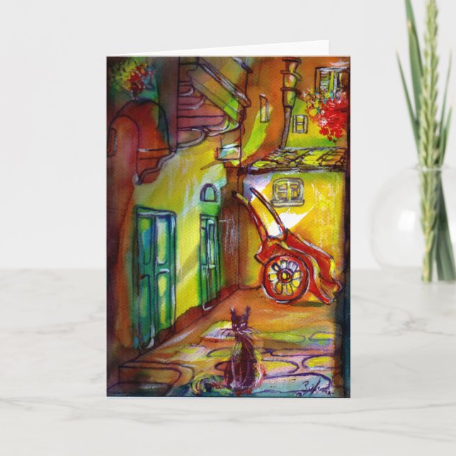 MEDIEVAL ALLEY BY NIGHT IN FLORENCE WITH BLACK CAT HOLIDAY CARD (Front)