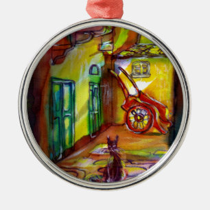 MEDIEVAL ALLEY BY NIGHT IN FLORENCE WITH BLACK CAT METAL ORNAMENT