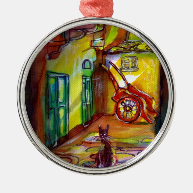 MEDIEVAL ALLEY BY NIGHT IN FLORENCE WITH BLACK CAT METAL ORNAMENT (Front)