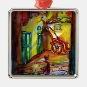 MEDIEVAL ALLEY BY NIGHT IN FLORENCE WITH BLACK CAT METAL ORNAMENT