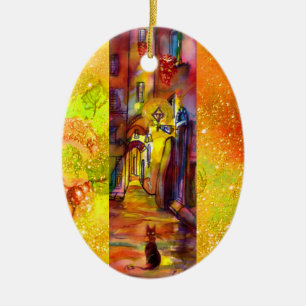 MEDIEVAL ALLEYS  BY NIGHT IN FLORENCE CERAMIC ORNAMENT