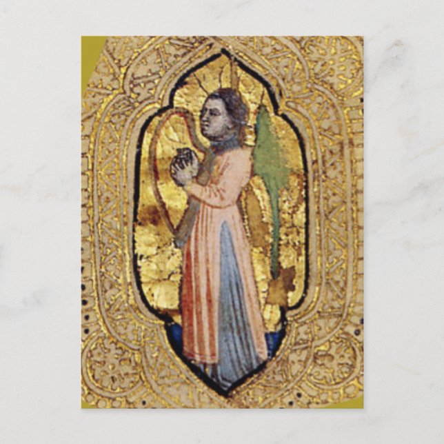 Medieval Angel With Harp Gold Renaissance Fine Art Postcard (Front)