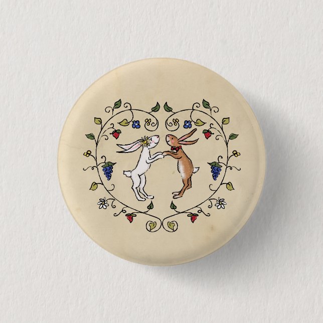Medieval animals bride and groom in heart badge 1 inch round button (Front)