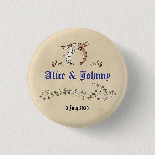 Medieval animals bride and groom round badge 1 inch round button (Front)