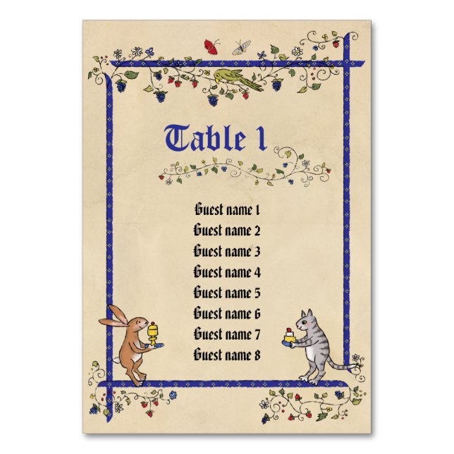 Medieval animals table no. card with guest names (Front)