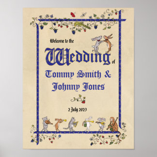 Medieval animals two grooms wedding welcome poster