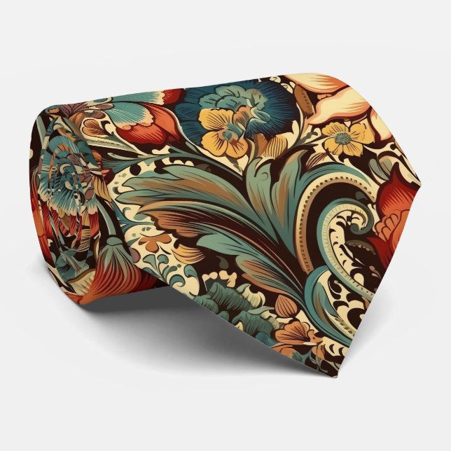 Medieval Antique Inspired Floral Motifs Tie (Rolled)