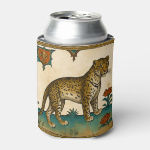 Medieval Art of Leopard with Red Flowers Can Cooler