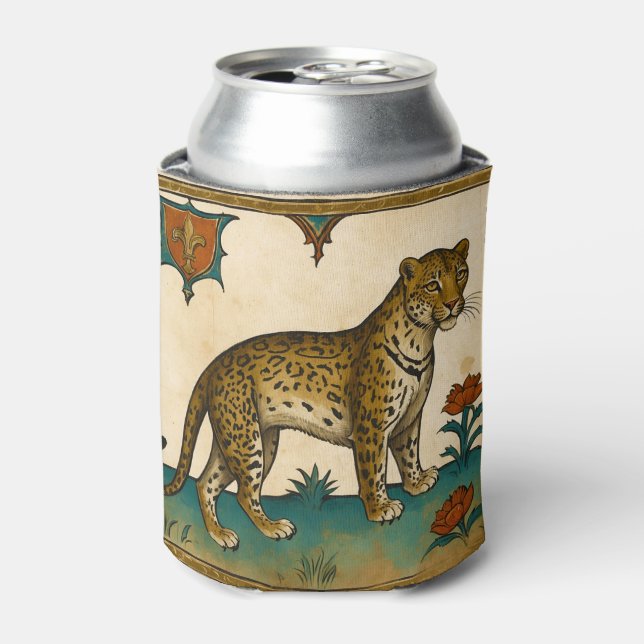 Medieval Art of Leopard with Red Flowers Can Cooler (Can Front)