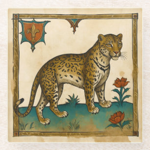 Medieval Art of Leopard with Red Flowers Glass Coaster