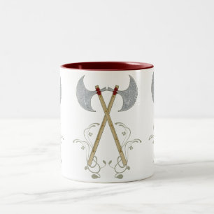 medieval battle axe red rope tighten on wood Two-Tone coffee mug