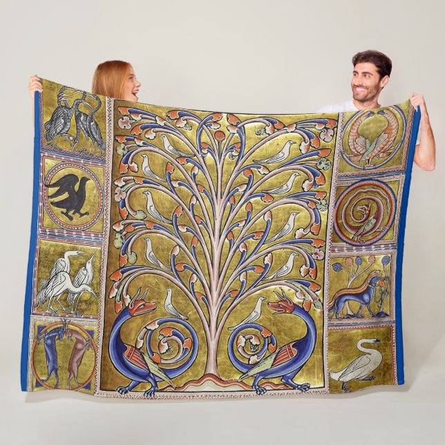 MEDIEVAL BESTIARY,BIRDS ON TREE OF LIFE,DRAGONS  FLEECE BLANKET (In Situ)