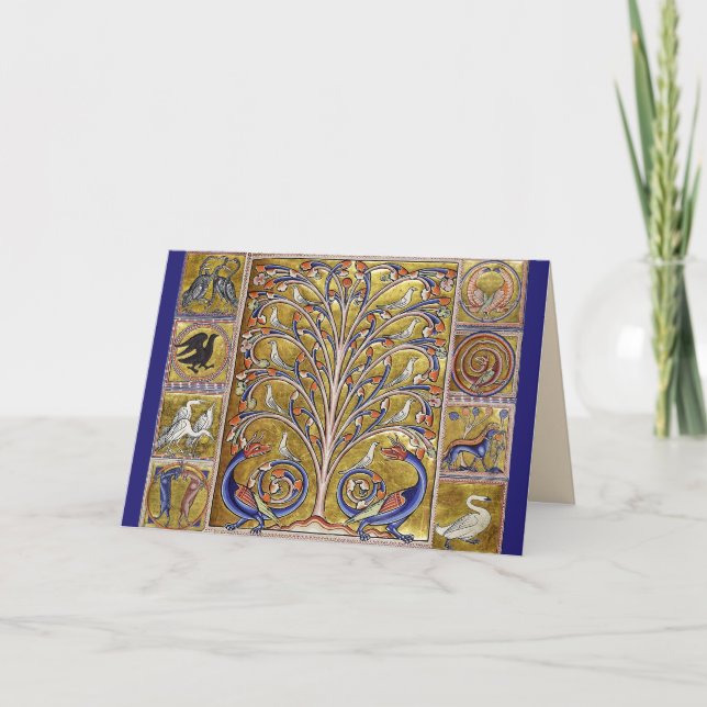 MEDIEVAL BESTIARY,BIRDS ON TREE OF LIFE,DRAGONS HOLIDAY CARD (Front)