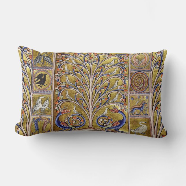MEDIEVAL BESTIARY,BIRDS ON TREE OF LIFE,DRAGONS  LUMBAR PILLOW (Front)