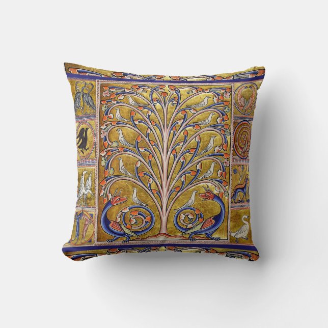 MEDIEVAL BESTIARY,BIRDS ON TREE OF LIFE,DRAGONS  THROW PILLOW (Front)
