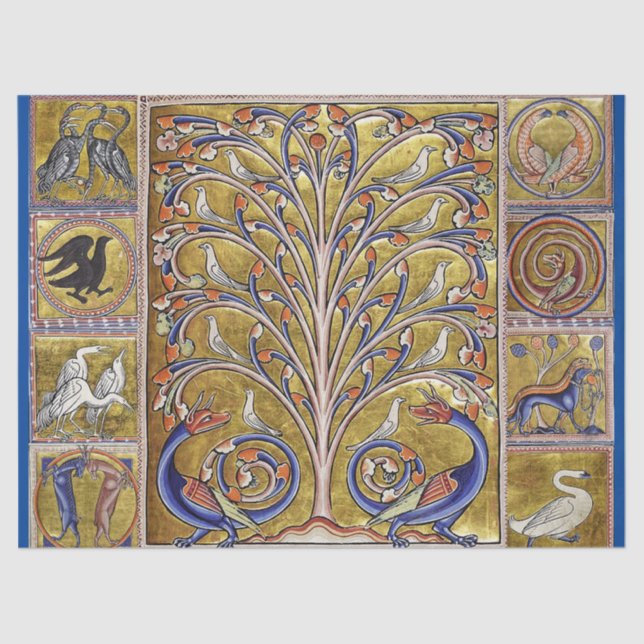 MEDIEVAL BESTIARY,BIRDS ON TREE OF LIFE,DRAGONS  TISSUE PAPER (Front)