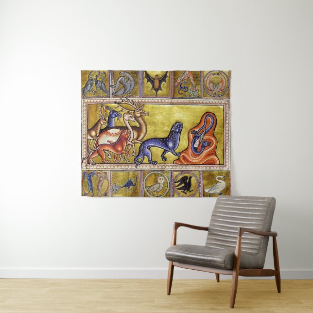 MEDIEVAL BESTIARY,DEERS,GOAT,CAMEL PANTHER,DRAGON TAPESTRY (In Situ (Horizontal))