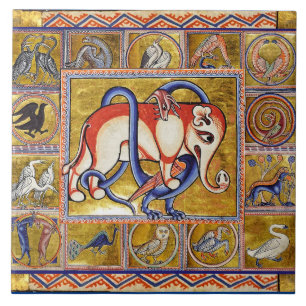 MEDIEVAL BESTIARY,ELEPHANT COMBATTING SNAKE DRAGON TILE