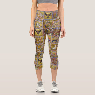 MEDIEVAL BESTIARY, FANTASTIC ANIMALS,GOLD RED BLUE CAPRI LEGGINGS