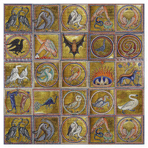 MEDIEVAL BESTIARY, FANTASTIC ANIMALS,GOLD RED BLUE FABRIC