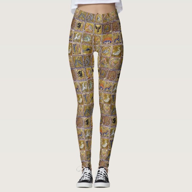 MEDIEVAL BESTIARY, FANTASTIC ANIMALS,GOLD RED BLUE LEGGINGS (Front)