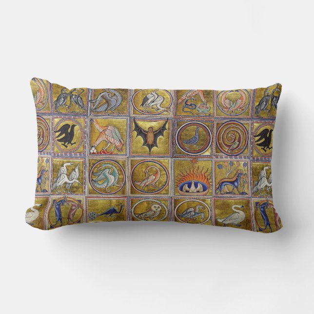 MEDIEVAL BESTIARY, FANTASTIC ANIMALS,GOLD RED BLUE LUMBAR PILLOW (Front)
