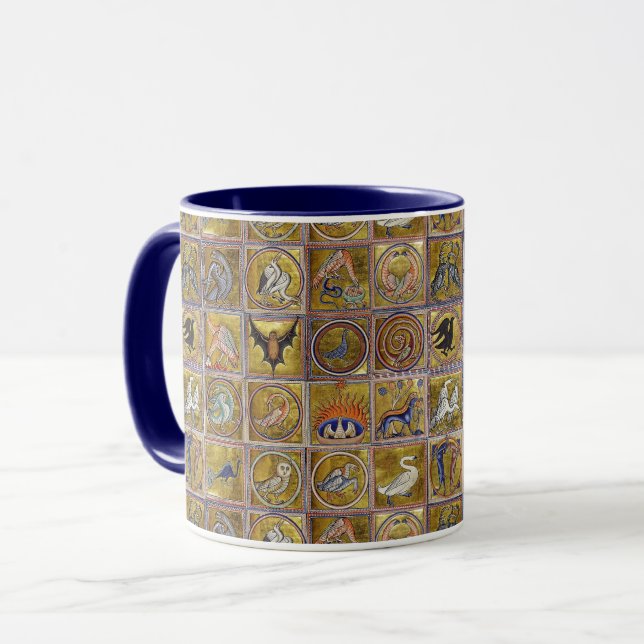 MEDIEVAL BESTIARY, FANTASTIC ANIMALS,GOLD RED BLUE MUG (Front Left)
