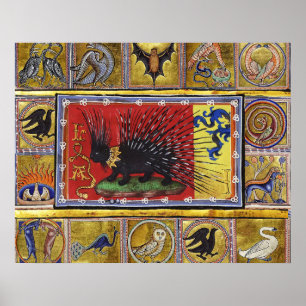 MEDIEVAL BESTIARY, FANTASTIC ANIMALS,GOLD RED BLUE POSTER