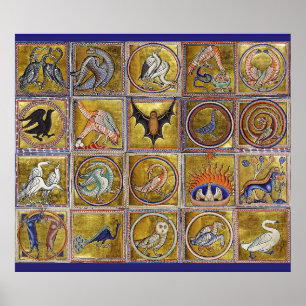 MEDIEVAL BESTIARY, FANTASTIC ANIMALS,GOLD RED BLUE POSTER