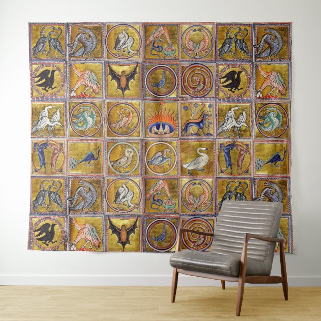 MEDIEVAL BESTIARY, FANTASTIC ANIMALS,GOLD RED BLUE TAPESTRY (In Situ (Horizontal))